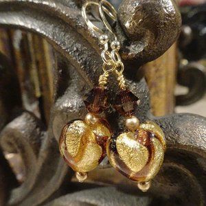Handmade Murano earrings in topaz sweetheart design with embedded gold leaf